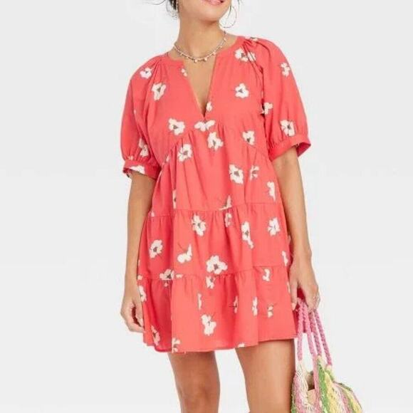 Universal Thread Red Floral Puff Sleeve Crinkle Tiered Mini Dress - Picture 2 of 7